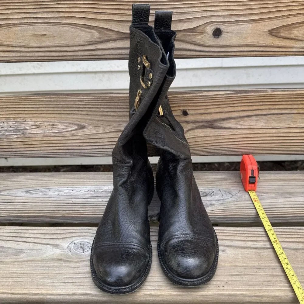 Tory Burch Black Leather Mid Calf Riding Boots Gold Zip Buckle Women’s Size 8.5M